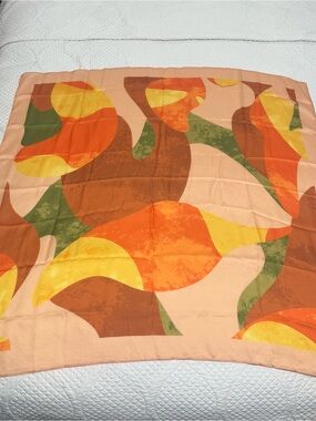 Noel Branded Abstract Colorblock Silk Scarf in Peach, Orange, Yellow and Olive